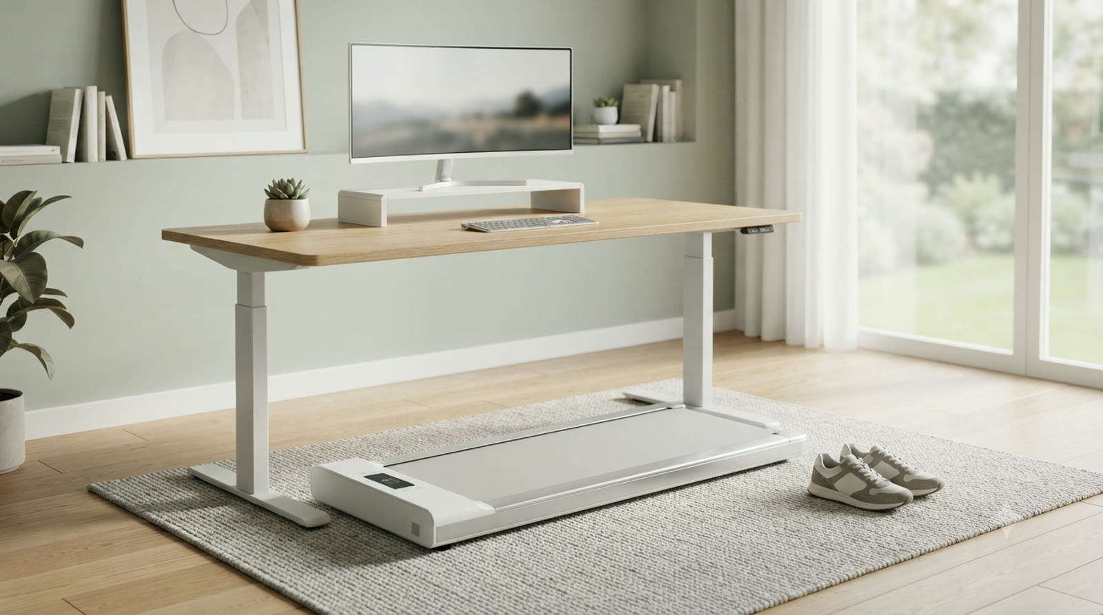 Under-desk walking pad set up beneath a standing desk in a bright morning home office