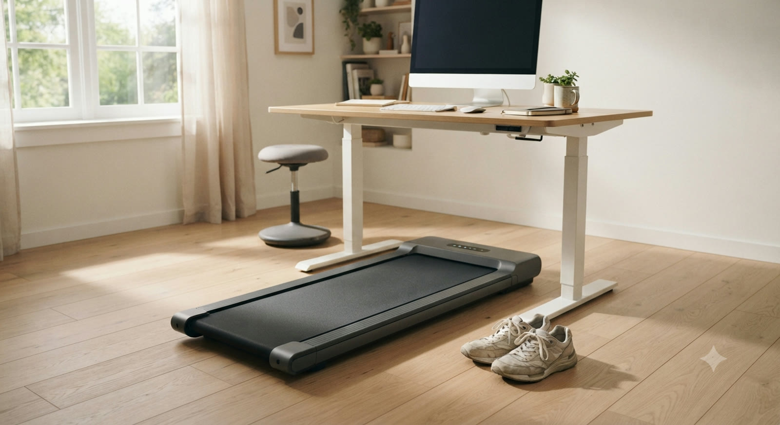 Flat walking pad in use under a desk in a bright apartment home office