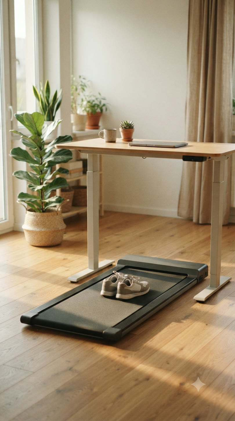 Tall view of a flat walking pad positioned under a standing desk